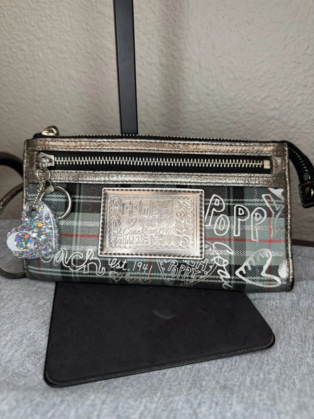 Coach Poppy Metallic Silver and Green Plaid Wristlet
